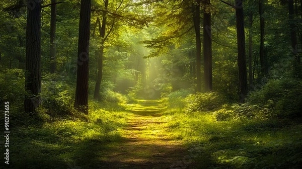 Fototapeta A path in the middle of a lush green forest
