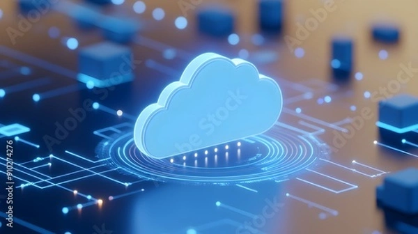 Obraz Digital cloud computing concept with blue cloud icon on futuristic technology background. High-tech data storage and networking symbol.