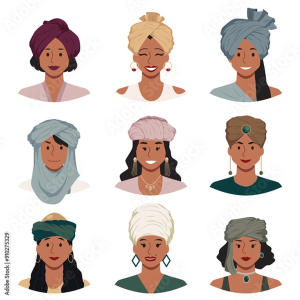 Fototapeta Set of men and women wearing traditional turbans. Isolated background.
