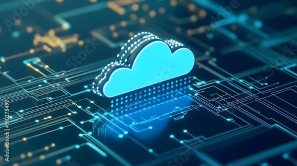 Obraz Digital cloud computing icon over a futuristic circuit board background, representing data technology and internet connectivity.