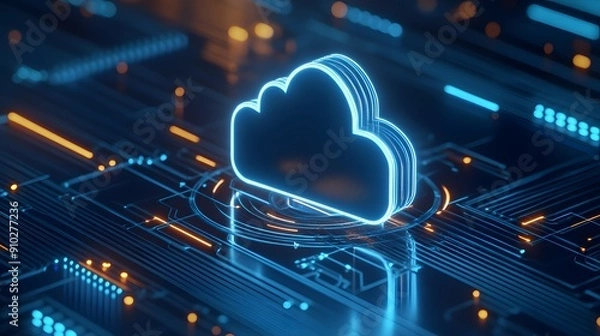 Fototapeta Digital cloud icon on futuristic circuit board, representing cloud computing and modern technology innovation in a digital era.