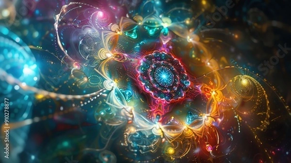 Fototapeta Abstract colorful fractal art with glowing lights and swirling patterns.