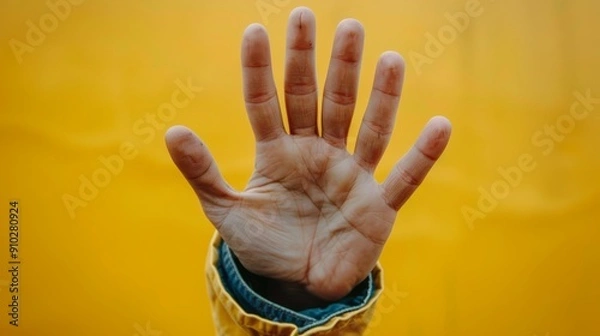 Fototapeta Close-up of hand with six fingers on yellow background. Hand genetic mutation concept.