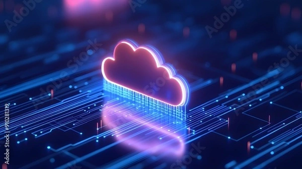 Fototapeta Digital cloud technology concept with a glowing cloud icon on a futuristic blue network background, representing online data storage and computing.