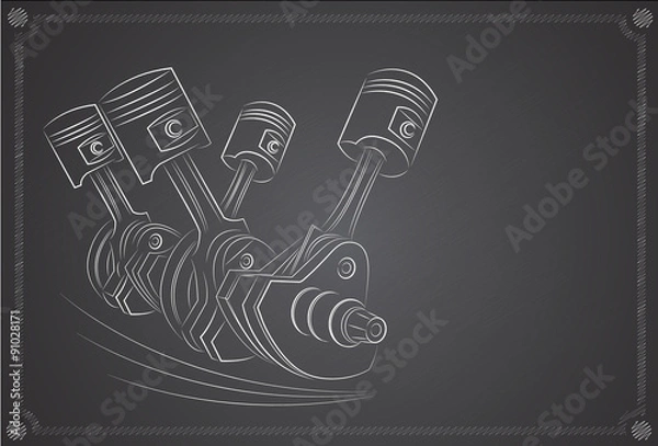 Obraz Engine Piston. Hand Drawn, on a background blackboard.