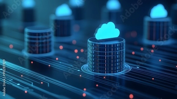 Fototapeta Digital representation of cloud computing, data storage solution, and network technology on futuristic server in a blue technology background.