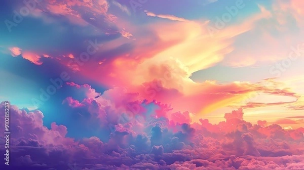 Fototapeta Vibrant, colorful clouds fill the sky in a surreal and dreamlike scene. The hues of pink, purple, blue and orange create a dramatic and breathtaking display.