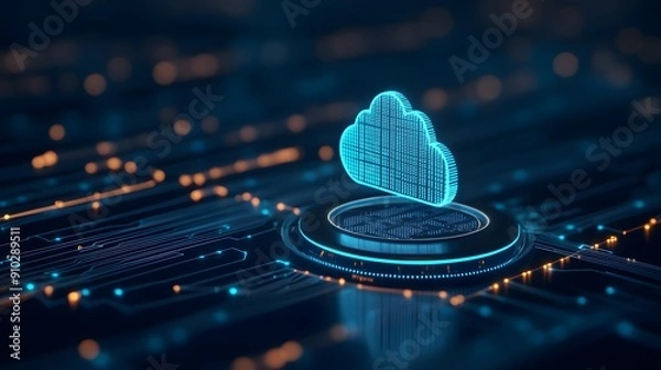 Fototapeta Futuristic cloud computing concept with digital network and glowing cloud icon on tech-themed background, representing data storage and technology.
