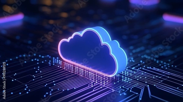 Obraz Futuristic cloud computing concept with digital neon cloud symbol on a circuit board background representing modern technology.