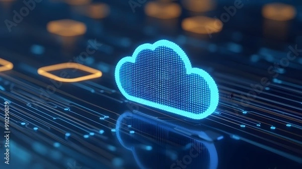 Obraz Futuristic cloud computing concept with glowing icons on a digital background, representing technology and data storage advancements.
