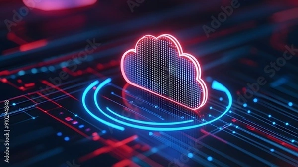 Obraz Futuristic cloud computing concept with neon lights. Digital data and information storage in a virtual cloud environment. Tech innovation.