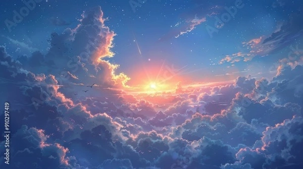 Obraz  Include a radiant sun casting a warm glow, fluffy and whimsical clouds floating gently, and additional elements such as birds soaring, a distant rainbow.