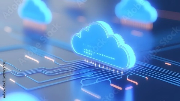 Fototapeta Futuristic cloud computing technology concept with glowing blue clouds and abstract digital connections on a dark background.