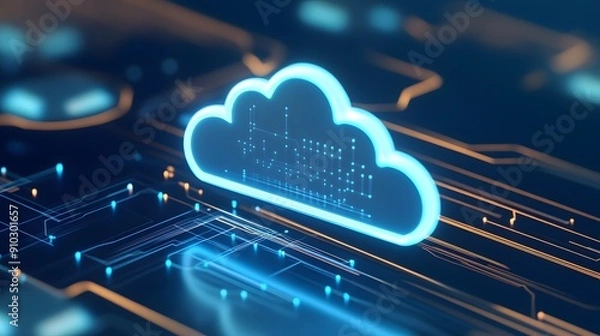 Fototapeta Futuristic concept of cloud computing technology, represented by a neon blue glowing cloud icon on a high-tech circuit board.