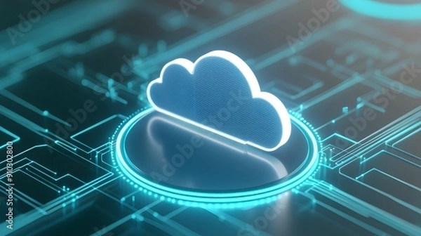 Obraz Futuristic depiction of cloud computing technology, displaying a glowing cloud icon on a digital circuit board.