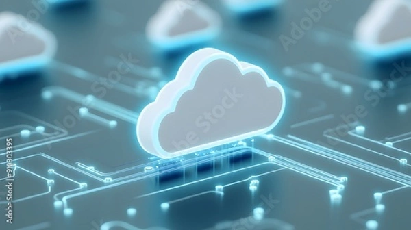 Fototapeta Futuristic digital cloud computing concept with glowing cloud icons connected to a circuit board, representing data storage and technology.