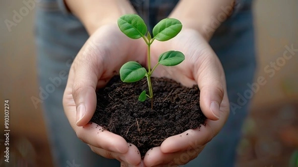 Fototapeta A nurturing hand holds a small plant, symbolizing growth, care, and environmental awareness in a natural setting.