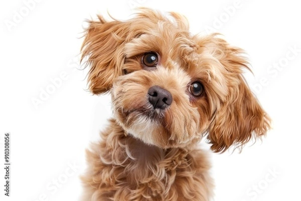 Fototapeta A cute, charming Maltipoo dog with big eyes and brown fur. On a white studio background