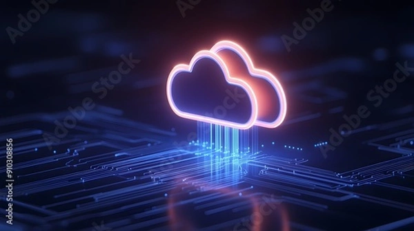 Obraz Futuristic glowing cloud icon representing cloud computing and digital data transfer on a dark tech background.
