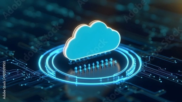 Fototapeta Futuristic illustration of cloud computing technology, depicting a digital cloud over a circuit board with glowing blue lines.