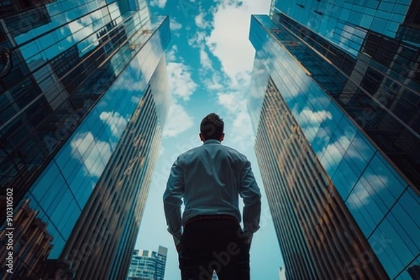 Fototapeta Powerful businessman looks up at the sky from between skyscrapers. Business themed concept image.