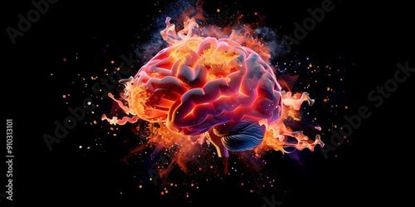 Fototapeta A fiery brain in red, orange and blue, exploding with energy, representing power and creativity. 
