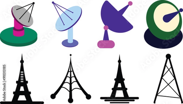 Obraz Modern Tower with Wi-Fi Signal and Network Sharing Icon sheet set Design in Vector Format | EPS File | Digital Communication and Connectivity Symbol