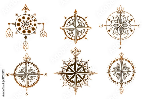 Fototapeta Set of vintage wind roses, compasses. Icons and design elements.