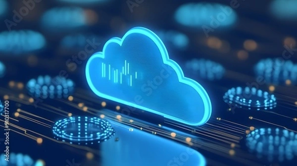 Fototapeta Neon cloud computing technology representation with circuit board background, symbolizing digital data, storage, and internet services.