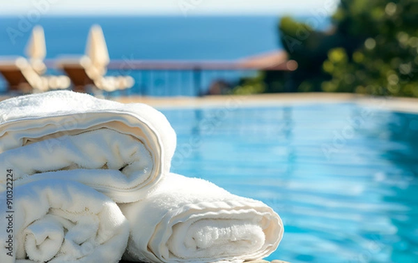 Fototapeta White towels, blue water, green trees, a relaxing summer vacation by the pool.