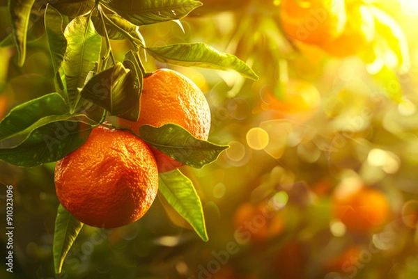 Fototapeta Juicy, ripe oranges hanging from a tree branch, showcasing their vibrant color and natural freshness.