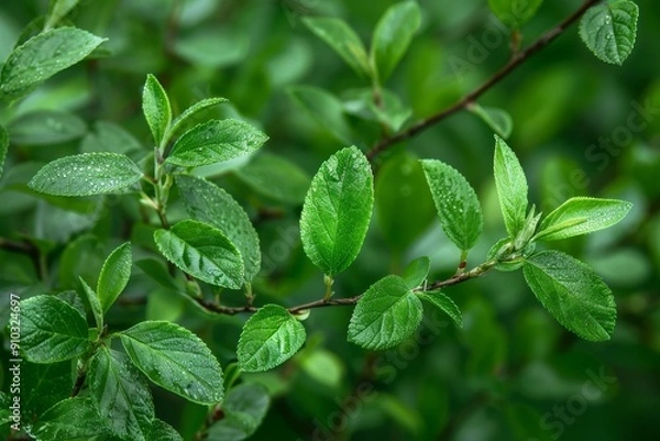 Obraz Fresh green lime leaves in springtime, selective focus with bokeh background - Tilia . Beautiful simple AI generated image in 4K, unique.