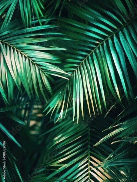 Fototapeta A close-up view of a bunch of palm leaves with intricate details and textures