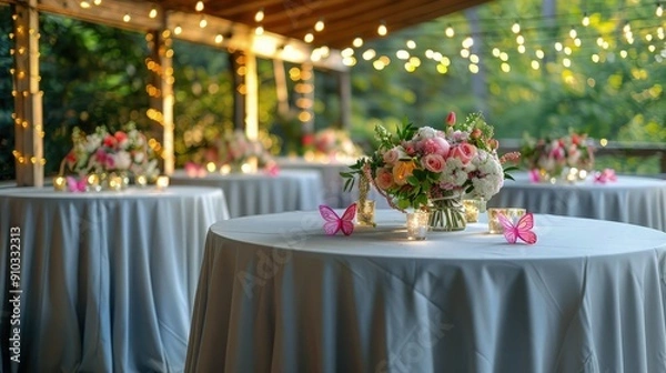 Fototapeta An outdoor corporate event setting under string lights, with tables covered in light grey linens, pink butterfly accents fluttering around the floral centerpieces.