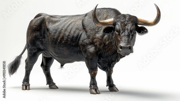 Obraz Powerful black bull standing on white background