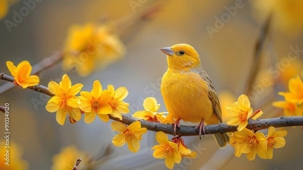 Fototapeta Yellow bird perched on a branch covered with yellow flowers