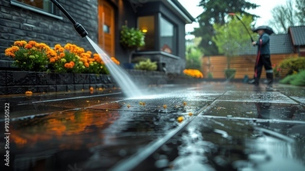 Fototapeta Worker is cleaning pavement with a pressure washer in front of a house