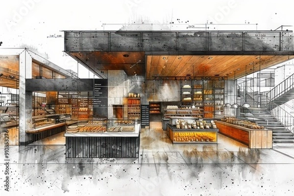 Obraz Architectural Design Sketch of a Modern Bakery Interior