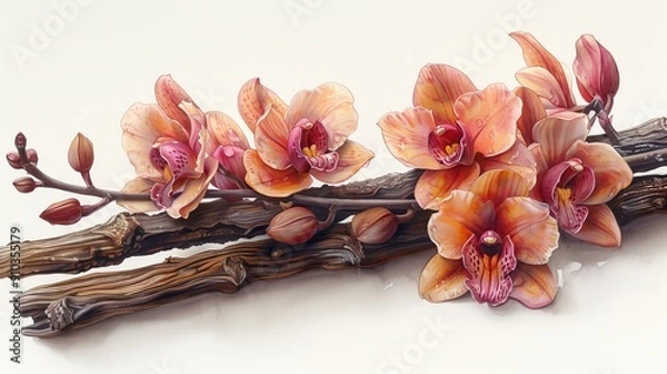 Fototapeta Delicate orchid flowers blooming on rustic wood branch