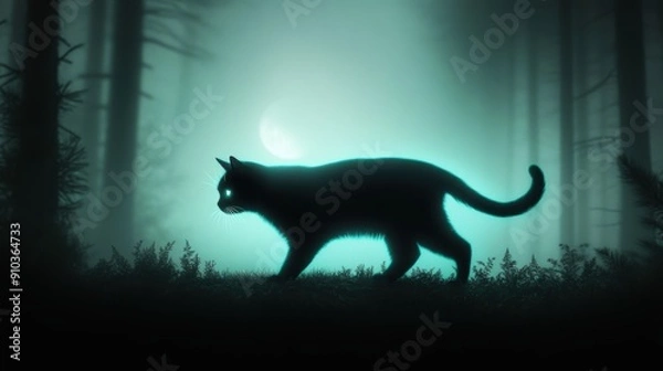 Fototapeta A black cat with a glowing, iridescent coat, walking through a moonlit forest.