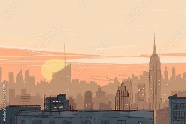 Fototapeta Stunning urban sunset view from a high-rise building's rooftop with cityscape silhouettes and modern glass architecture.. Beautiful simple AI generated image in 4K, unique.