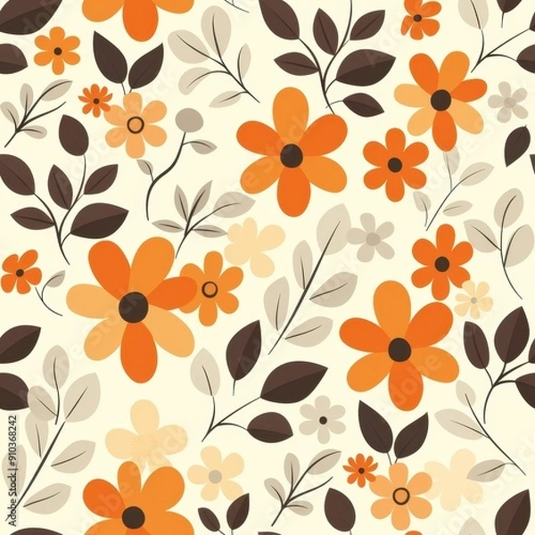 Fototapeta Floral Pattern Vector Art With Vibrant Orange Flowers and Leaves on a Cream Background