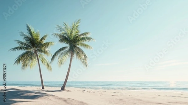 Fototapeta Two palm trees standing on a tranquil sandy beach with calm ocean waves under a clear blue sky.