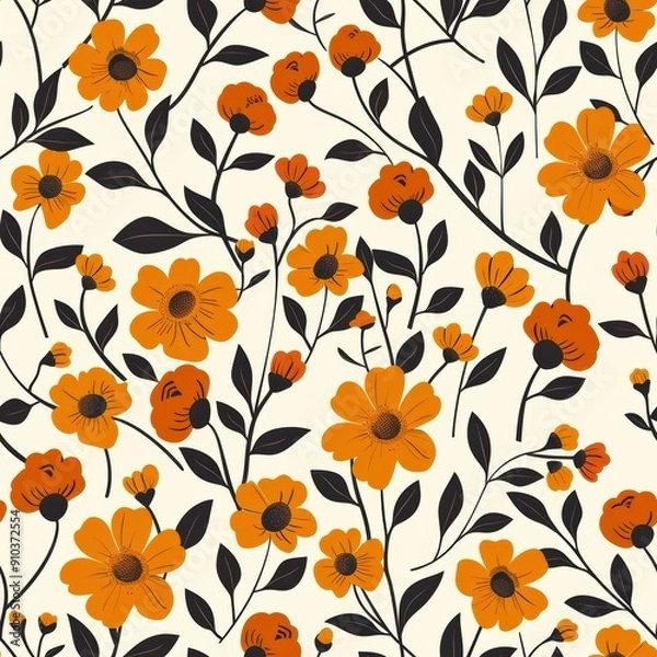 Fototapeta Minimalist Botanical Floral Pattern With Vibrant Orange Flowers on Neutral Background