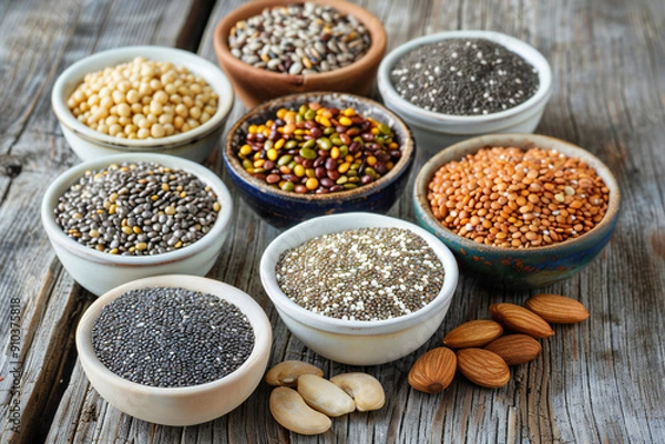 Fototapeta Assorted Seeds and Legumes in Bowls - Chia Seeds, Lentils, and Beans for a Nutritious, Organic, and Healthy Plant-Based Diet