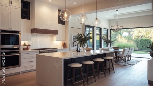 Fototapeta A modern kitchen with a central island and bar stools, perfect for casual dining
