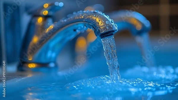 Fototapeta Close-up view of clear water flowing from metal taps with droplets captured in motion, symbolizing clean water access and purification.
