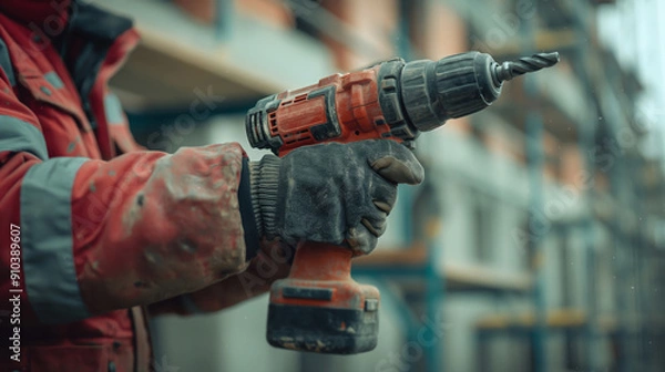Obraz Construction worker with electric drill at construction site