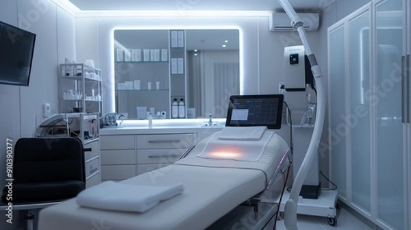 Fototapeta The image shows a modern and clean medical aesthetics clinic with a treatment bed, a computer, and various medical devices.