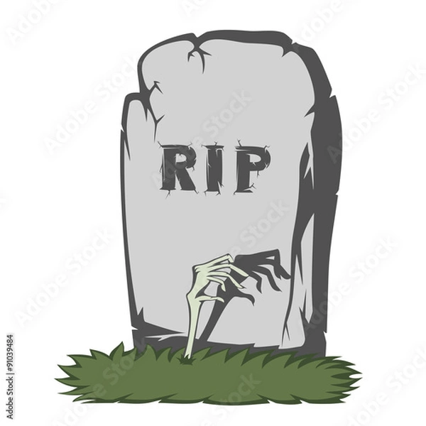 Obraz 
A gray gravestone with grass and RIP text and scary fingers from the grave